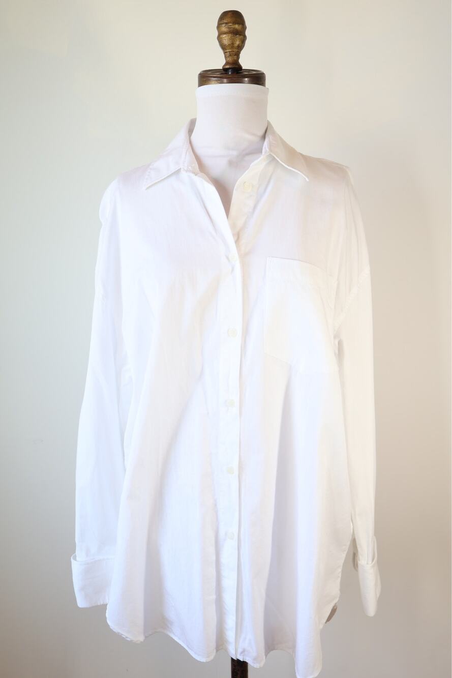 ZARA White Button Down Shirt Cotton Tunic Basic French Cuff Minimalist Small